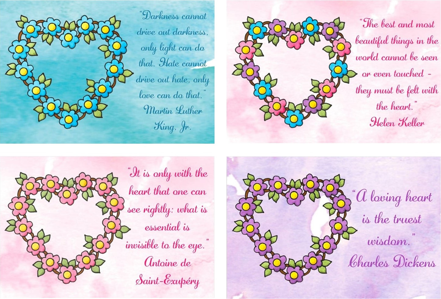 16 POSTCARDS - Floral Heart Postcards - Hello Postcards - Famous Quotes Postcards - (Stationery & More) (Snail Mail)