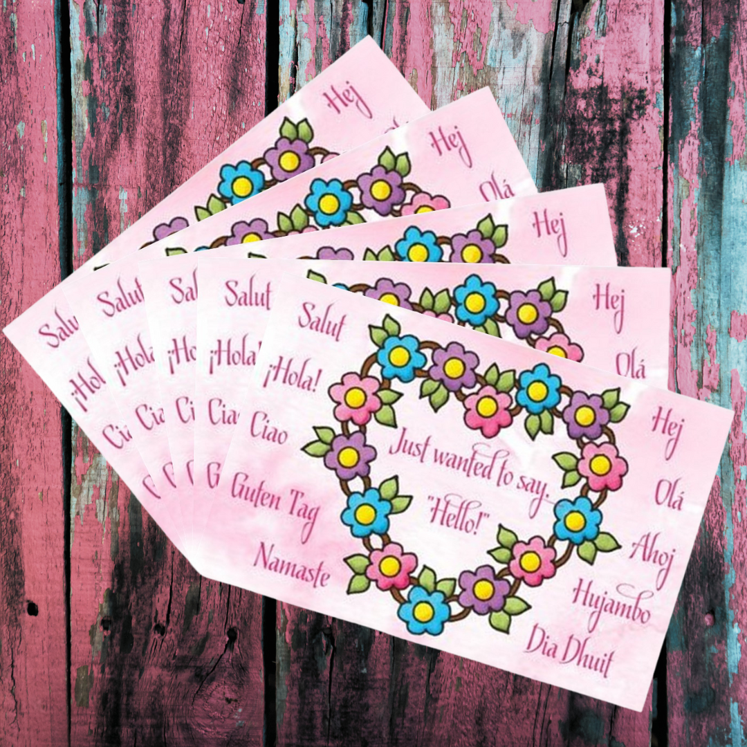 15 POSTCARDS (MULTI LANGUAGE) - Floral Heart Hello Postcards - Set of 5 Positive Postcards - (Stationery & More) (Snail Mail)