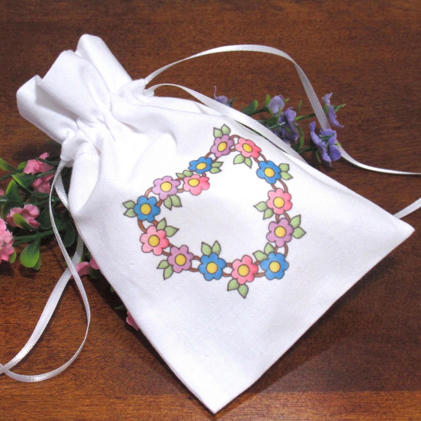 02 SACHET - Small Fabric Bag for Jewelry, Potpourri or Scented Soap - Floral Heart Sachet with Drawstring - Hostess or Bridesmaid Gift