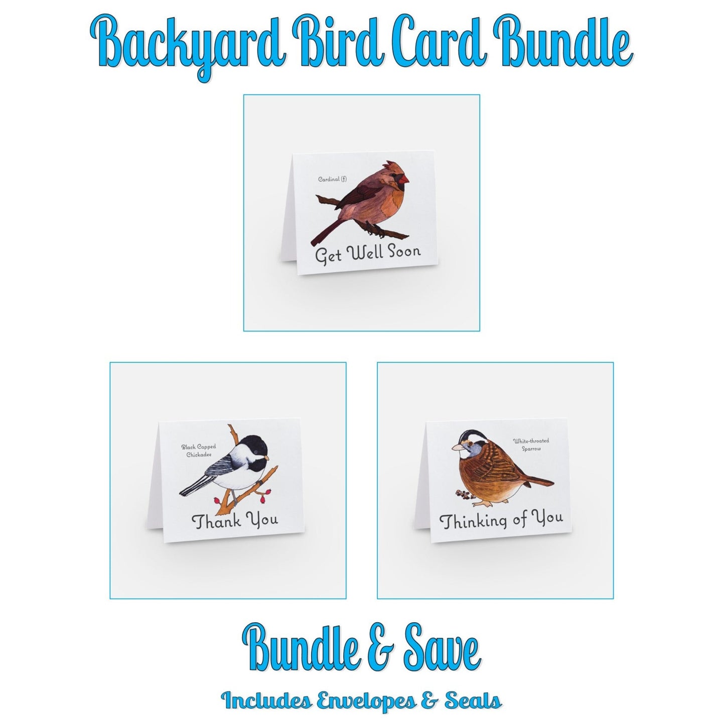 Cards - Backyard Bird Card Bundle - Thank You Card - Thinking of You Card - Get Well Soon Card - Set of 3 Cards (Stationery & More) (Literacy Project) (Snail Mail)