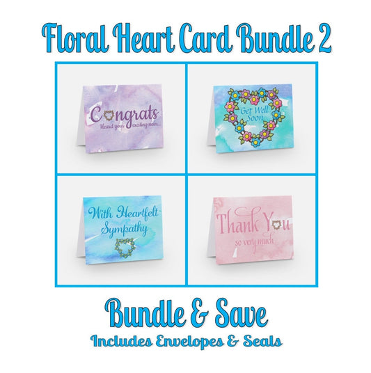 Cards - Floral Heart Card Bundle 2 - Thank You, Sympathy, Get Well and Congratulations Cards - Inside Message - Set of 4 Cards (Stationery & More) (Literacy Project) (Snail Mail)