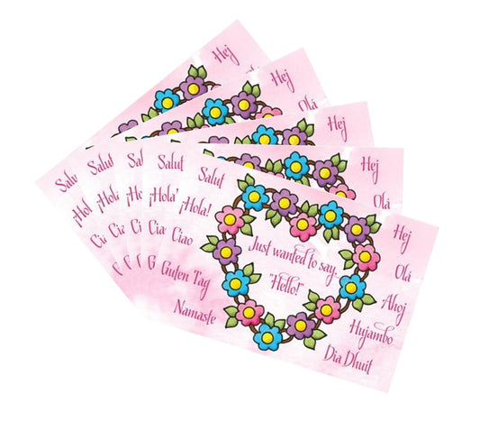 FLORAL HEART POSTCARDS - Multi Language Hello Postcards - Set of 5 Positive Postcards - (Stationery & More) (Snail Mail)