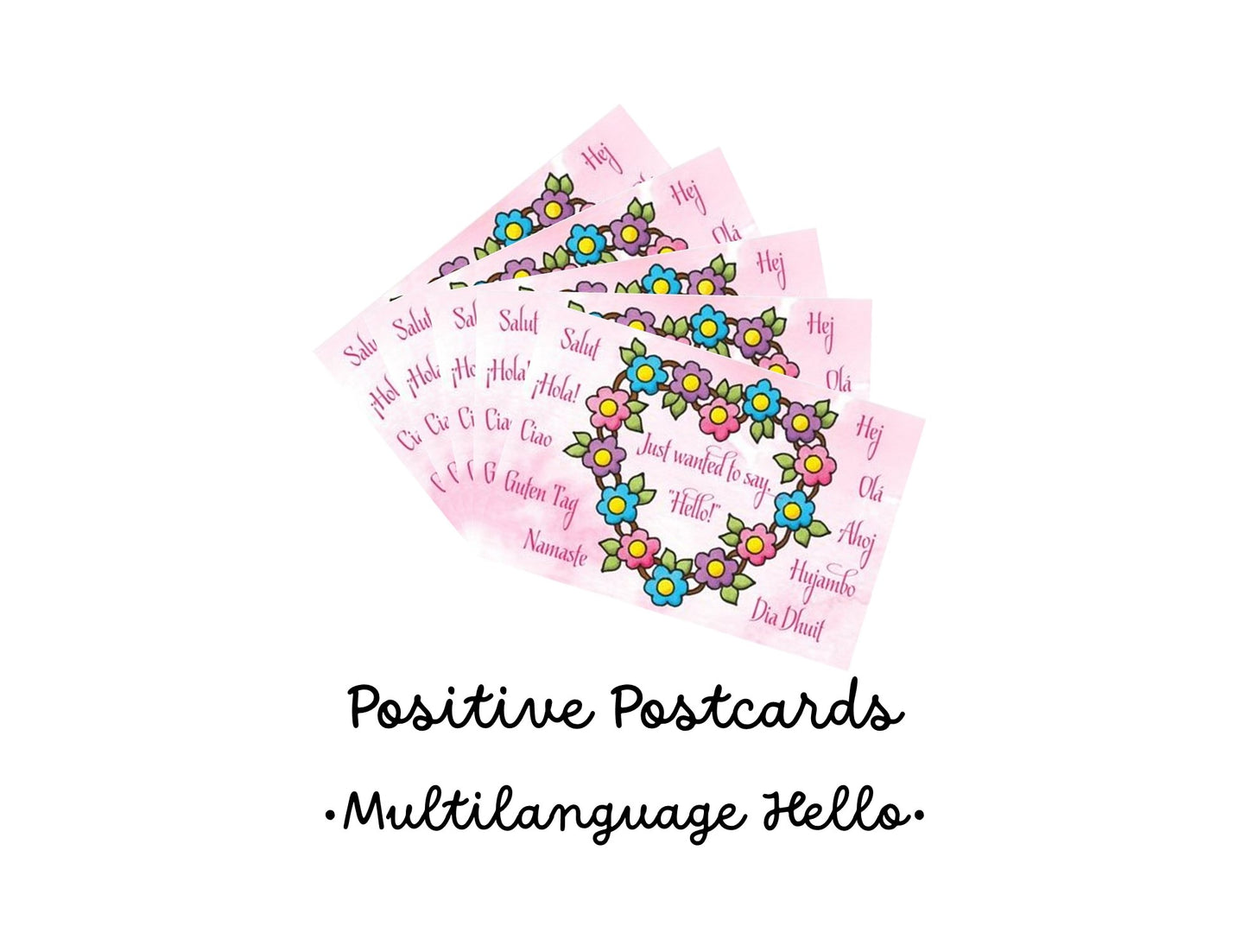 23 POSTCARDS (MULTI LANGUAGE) - Floral Heart Hello Postcards - Set of 5 Positive Postcards - (Stationery & More) (Snail Mail)