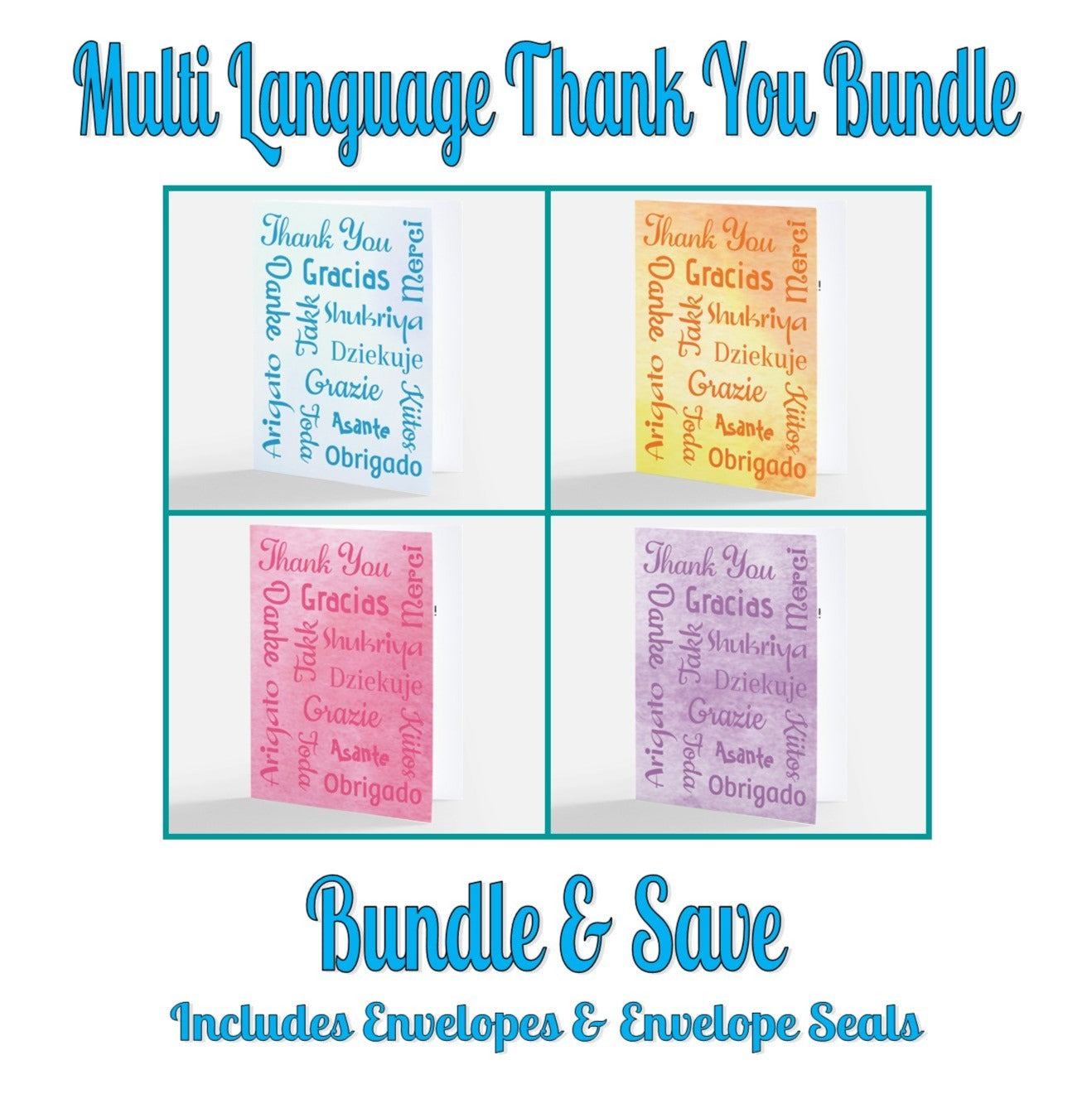Cards - Multi Language Thank You Cards with Inside Message - Thank You Card Bundle - Set of 4 Cards (Stationery & More) (Literacy Project) (Snail Mail)
